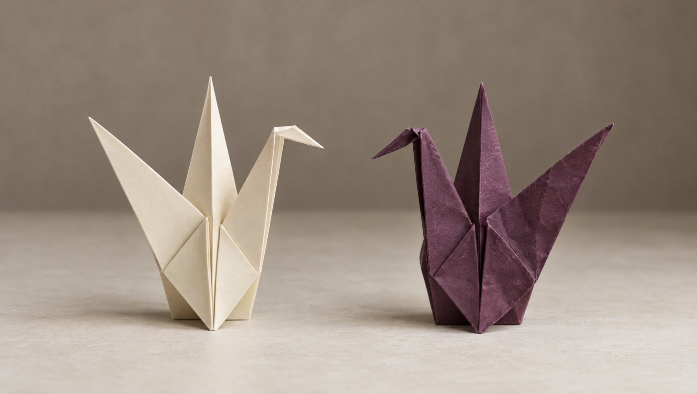 A cream and a deep purple origami paper crane facing each other on a neutral background