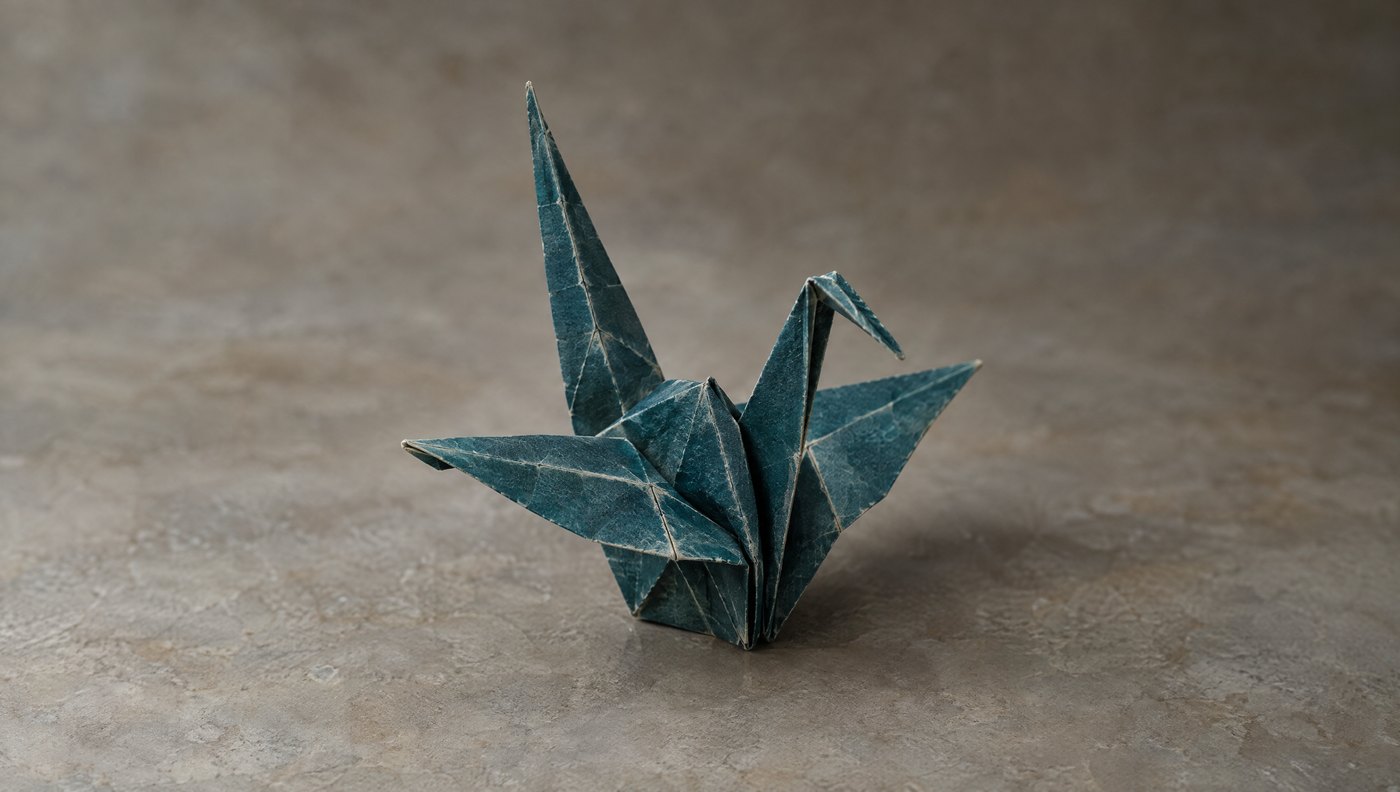 A single deep teal origami paper crane standing alone on a muted stone surface
