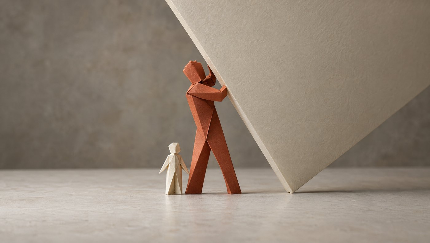 A terracotta origami figure bracing a large leaning slab while a small pale origami figure stands sheltered beside it